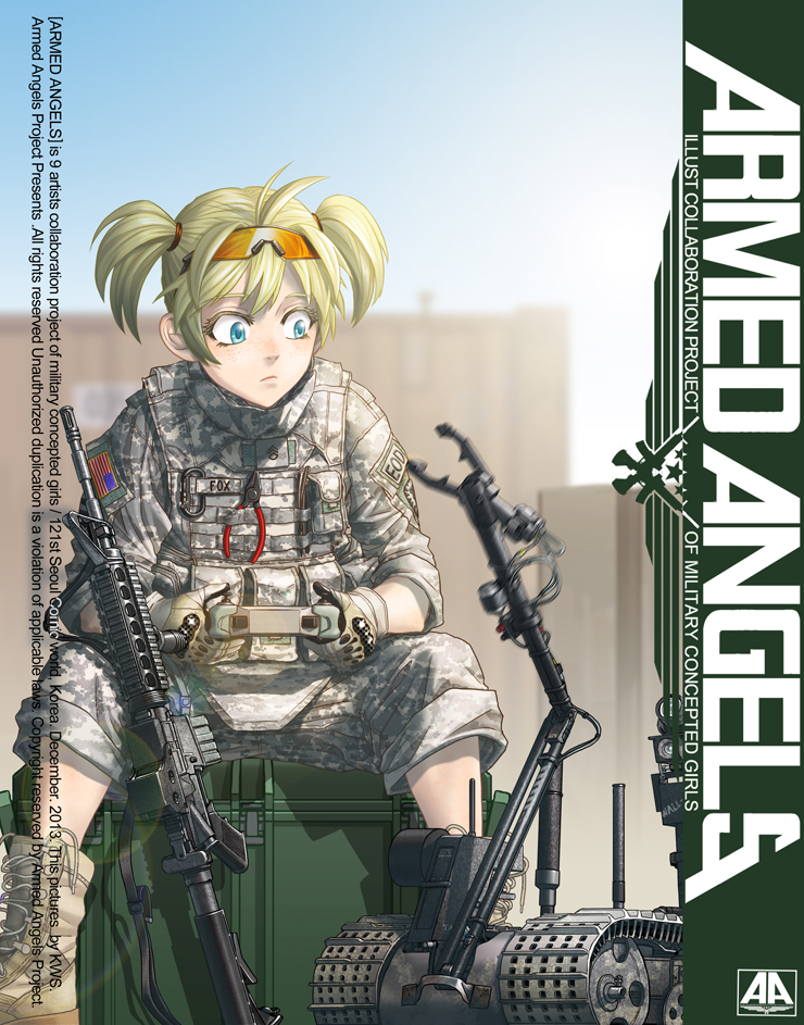 america aqua_eyes armed_angels assault_rifle blonde_hair blurry body_armor boots camouflage carabiner commentary_request controller cover cover_page depth_of_field doujinshi eyewear_on_head gloves gun kws load_bearing_vest m4_carbine military military_uniform original plate_carrier pliers rifle robot short_hair short_twintails soldier solo sunglasses twintails uniform us_army weapon