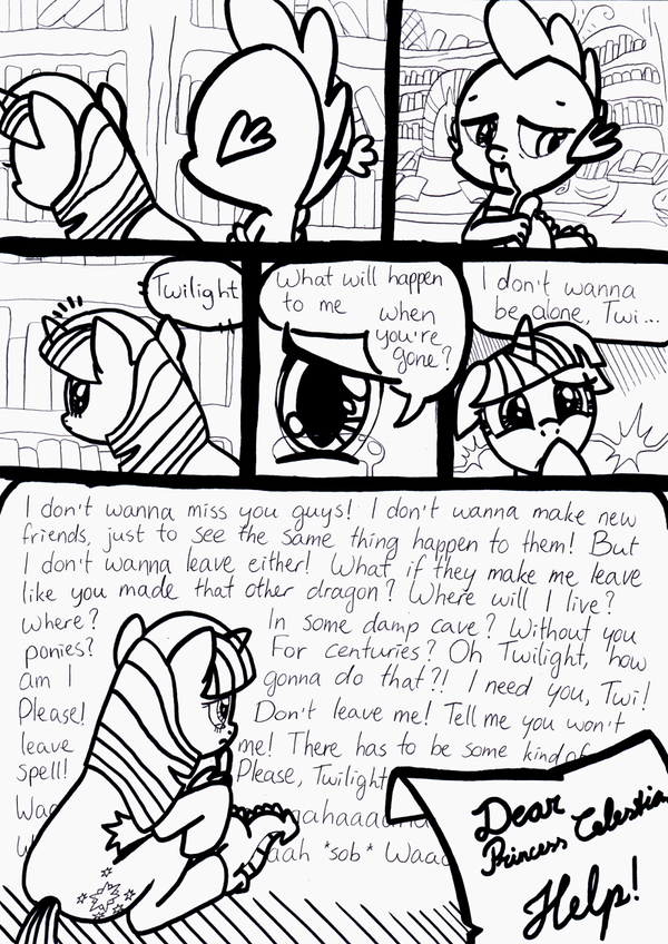 comic crying cutie_mark dialog english_text female friendship_is_magic hug immortality_blues male monochrome my_little_pony panic_(emotion) queencold spike_(mlp) text twilight_sparkle_(mlp)