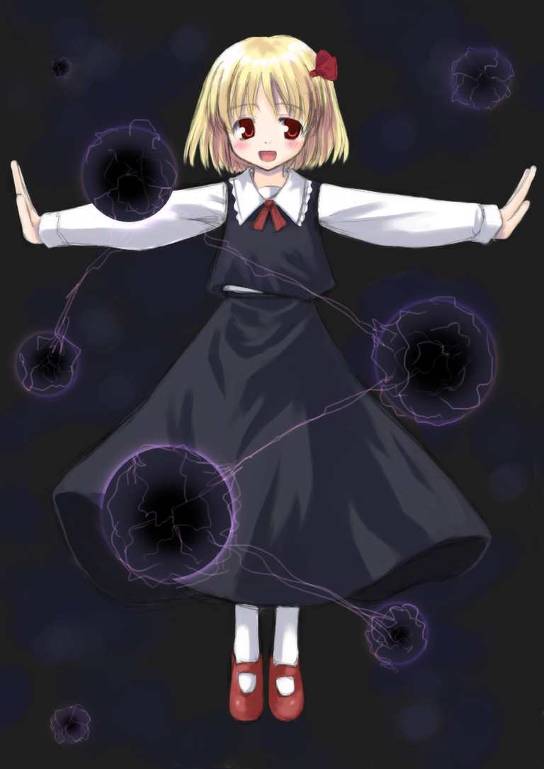 :d blonde_hair blouse darkness hair_ribbon kagura_mizuki mary_janes open_mouth outstretched_arms pantyhose ribbon rumia shoes short_hair skirt smile spread_arms touhou vest