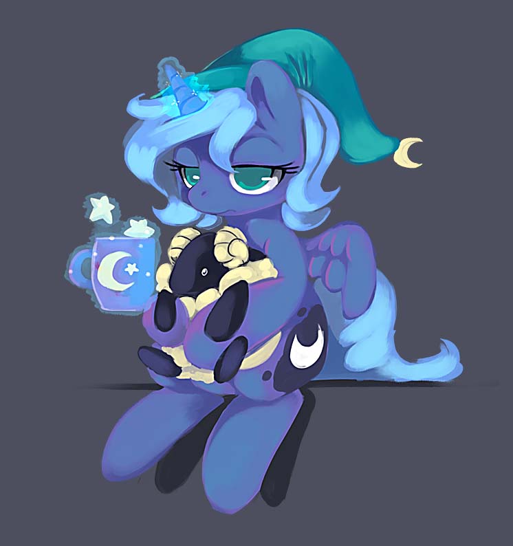 blue_fur blue_hair caprine cup cute cutie_mark ende equine female feral friendship_is_magic fur hair half-closed_eyes horn horse magic mammal mug my_little_pony nightcap plushie pony princess_luna_(mlp) sheep sleepy solo teal_eyes winged_unicorn wings young