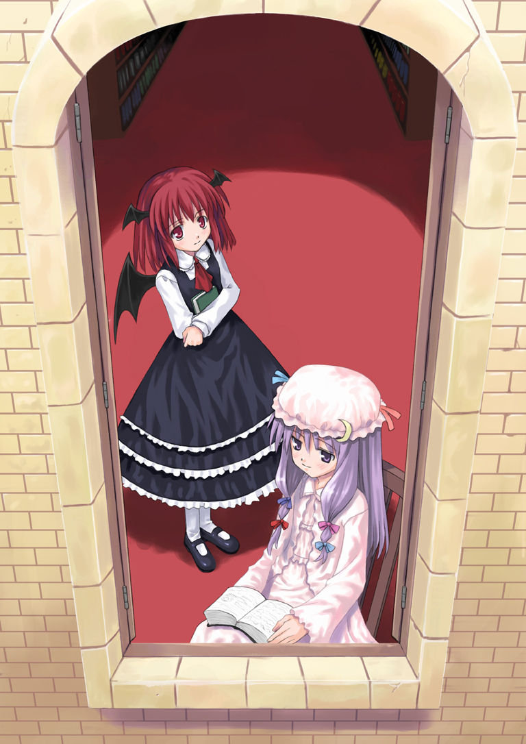 alternate_hair_length alternate_hairstyle black_dress book demon_wings dress frilled_dress frills from_outside hat head_wings kagura_mizuki koakuma lavender_hair long_hair looking_out_window mary_janes mob_cap multiple_girls pantyhose patchouli_knowledge reading red_eyes red_hair shoes short_hair touhou window wings