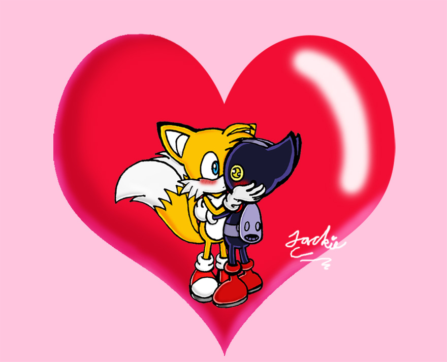 &lt;3 blush bokkun canine embrace fox kissing limelover mammal miles_prower pink_background plain_background romantic sega sonic_(series) unknown_species