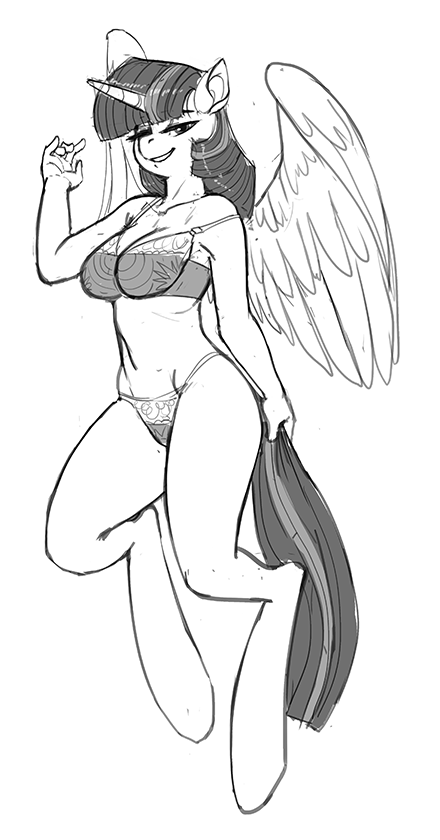 animal_genitalia anthro anthrofied bra equine female friendship_is_magic greyscale hair horn horse kevinsano long_hair looking_at_viewer mammal monochrome my_little_pony pony solo twilight_sparkle_(mlp) underwear winged_unicorn wings