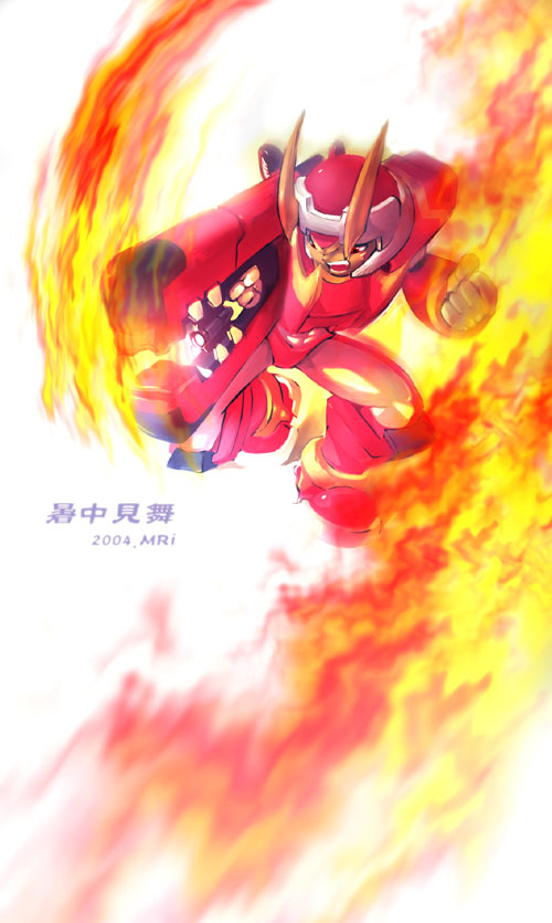 bodysuit fafnir fire flame helmet looking_at_viewer male_focus mri robot rockman rockman_zero simple_background solo weapon white_background