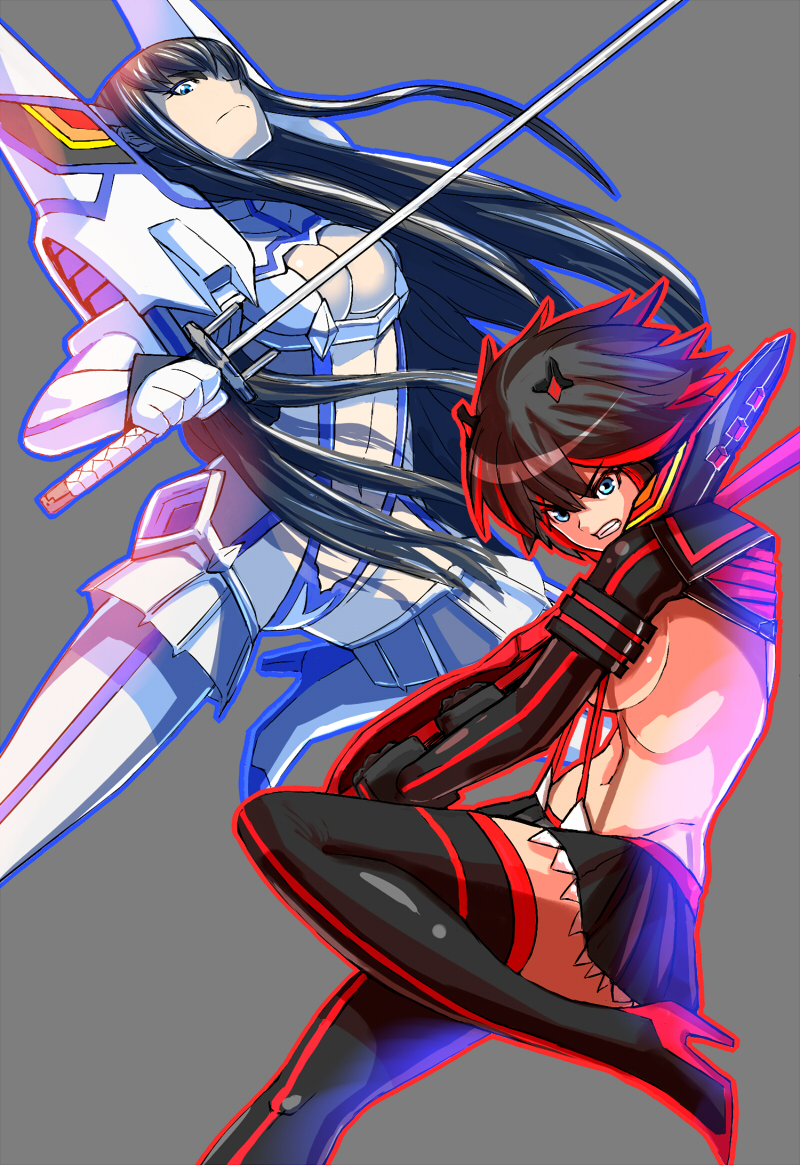 black_hair blue_eyes boots breasts cleavage cleavage_cutout elbow_gloves eyebrows gloves ha-chan hairpods high_heel_boots high_heels junketsu katana kill_la_kill kiryuuin_satsuki large_breasts long_hair matoi_ryuuko miniskirt multicolored_hair multiple_girls navel outline red_hair senketsu short_hair skirt suspenders sword thick_eyebrows thigh_boots thighhighs two-tone_hair underboob weapon zettai_ryouiki