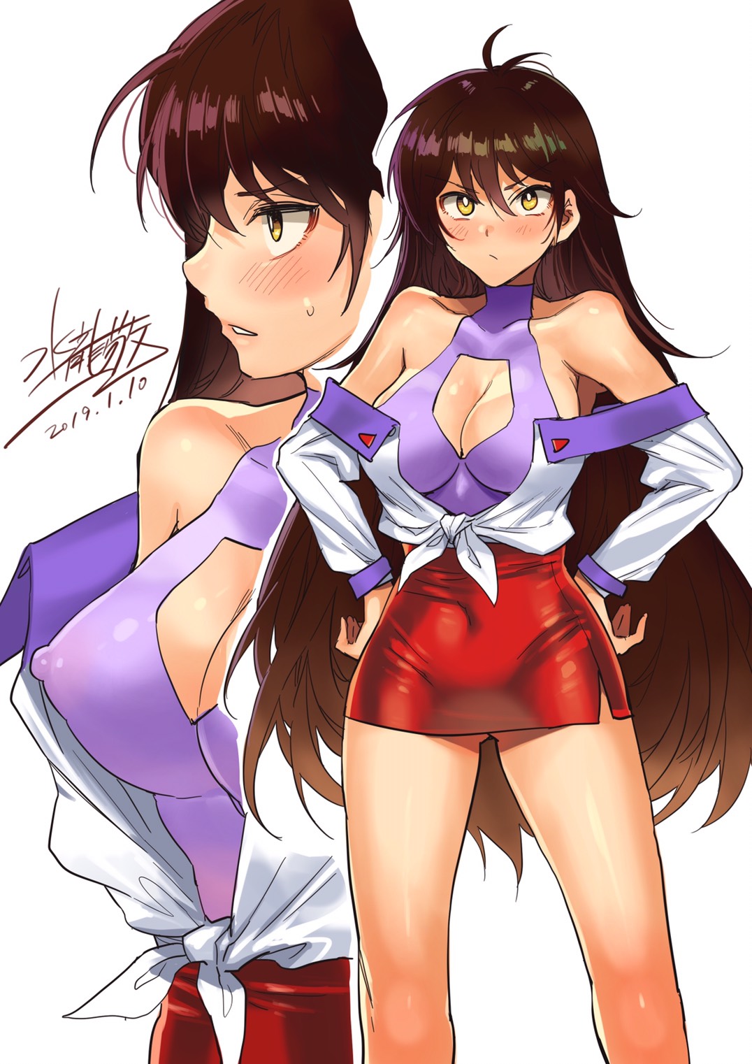 1girl bare_shoulders blush breasts brown_hair cleavage cleavage_cutout collarbone covered_navel dated erect_nipples gluteal_fold guardian_recall hands_on_hips highres homura_mayu large_breasts long_hair looking_at_viewer mizuryuu_kei off_shoulder parted_lips pencil_skirt red_skirt signature simple_background skirt solo standing sweatdrop very_long_hair white_background yellow_eyes
