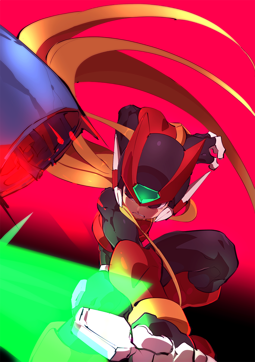 1boy android black_eyes blonde_hair energy_blade energy_sword fighting gradient gradient_background helmet highres holding holding_weapon kon_(kin219) long_hair male_focus purple_background rockman rockman_zero serious simple_background solo sword weapon zero_(rockman)