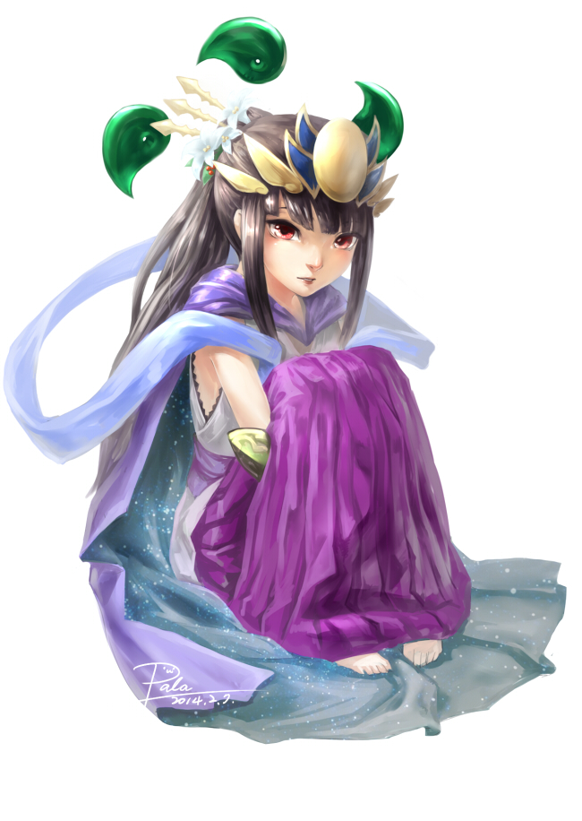 bad_id bad_pixiv_id barefoot black_hair cape full_body hakama japanese_clothes leg_hold magatama ponytail purple_hakama puzzle_&amp;_dragons red_eyes scotishfold simple_background sitting solo white_background yomi_(p&amp;d)