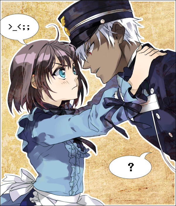 &gt;_&lt; 1girl ? a_(shiei_no_sona-nyl) brown_hair closed_eyes dark_skin frown green_eyes hat lily_(shiei_no_sona-nyl) police police_uniform red_eyes shiei_no_sona-nyl short_hair speech_bubble steampunk_(liarsoft) tossam uniform white_hair yellow_background