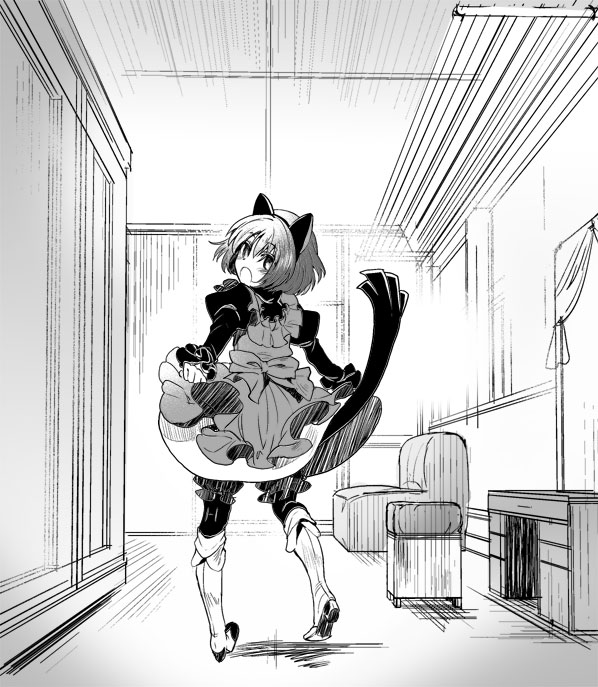animal_ears boots bow cat_ears cat_tail couch desk dress full_body greyscale knee_boots lily_(shiei_no_sona-nyl) looking_back monochrome shiei_no_sona-nyl short_hair solo steampunk_(liarsoft) tail tenkuu_sphere