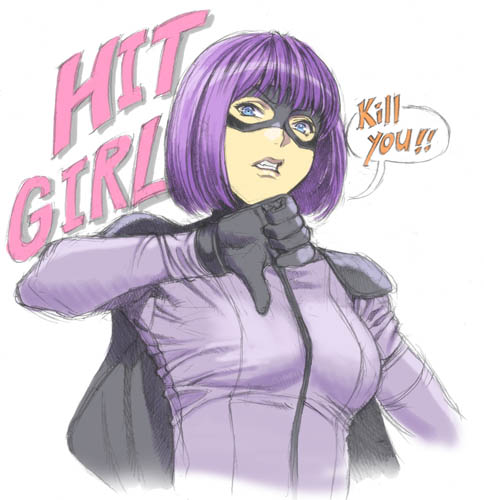 bad_id bad_pixiv_id bangs black_gloves blue_eyes bob_cut bodysuit cape character_name clenched_teeth english fang gloves hit-girl homare_(fool's_art) kick-ass looking_at_viewer lowres mask purple_bodysuit purple_hair simple_background sketch solo speech_bubble superhero teeth thumbs_down upper_body white_background