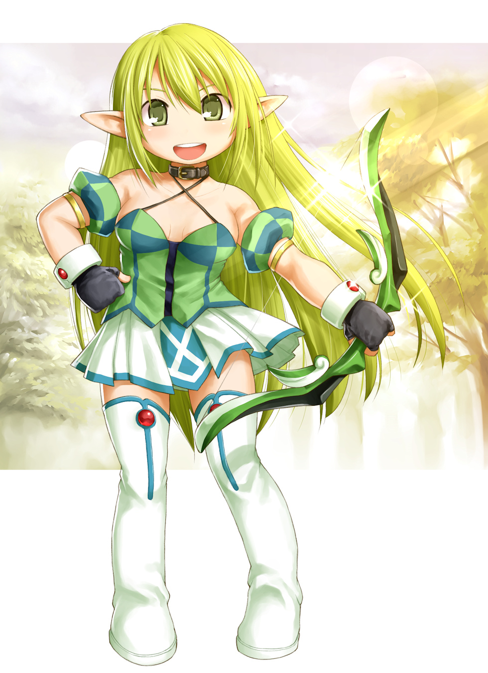 armband bare_shoulders black_gloves boots bow_(weapon) breasts chibi collar elf elsword fingerless_gloves forest gloves green_eyes green_hair hand_on_hip highres kasuga_yukihito long_hair nature pleated_skirt pointy_ears ranger_(elsword) rena_(elsword) revision skirt small_breasts smile solo thigh_boots thighhighs weapon wrist_cuffs