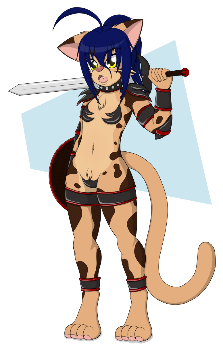 4_toes armor blue_hair cat chest_tuft feline female fur hair kloe kloe_kitty long_hair mammal navel open_mouth plain_background pubes solo standing sword toes tongue tuft weapon white_background yellow_eyes