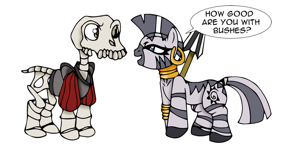 alpha_channel blue_eyes bone crossover dankodeadzone ear_piercing english_text equine eye_contact female friendship_is_magic horse knight male mammal medievil medievil_(game) mohawk my_little_pony piercing pony ponyfied sir_daniel_fortesque skeleton smile text undead zebra zecora_(mlp)