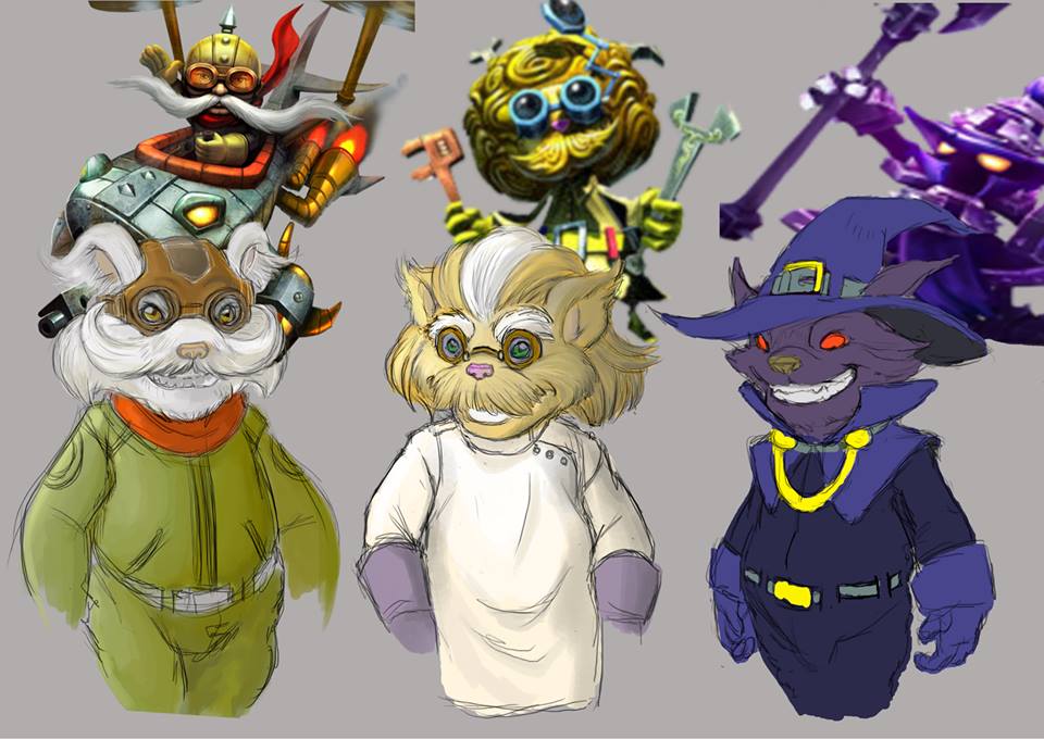 animal_ears clothed clothing corki eyewear facial_hair fur goggles group hair hat heimerdinger league_of_legends male mustache plain_background smile standing veigar video_games yordle