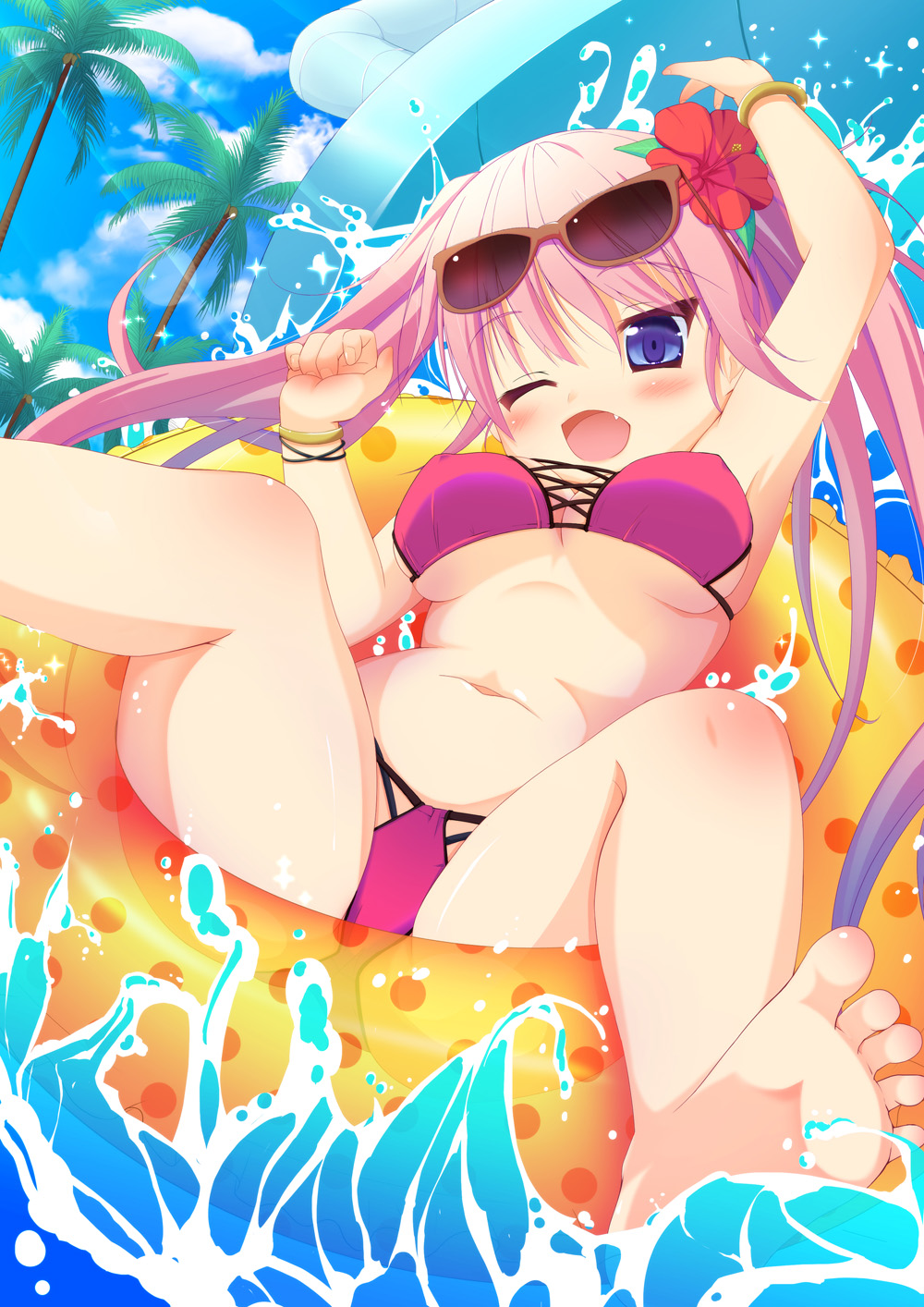 ;d barefoot bikini blue_eyes blush bracelet breasts cleavage cloud day eyewear_on_head fang flower hair_flower hair_ornament hibiscus highres innertube jewelry large_breasts light_rays long_hair navel okatora one_eye_closed open_mouth original palm_tree pink_hair shiny shiny_skin sky smile solo splashing spread_legs sunbeam sunglasses sunlight swimsuit tree twintails water_slide