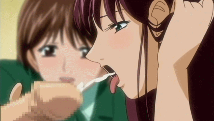 2girls adjusting_hair animated animated_gif blush brown_eyes brown_hair censored cum cum_in_mouth disembodied_penis ejaculation facial green_eyes long_hair mosaic_censoring multiple_girls open_mouth penis photoshop stringendo_&amp;_accelerando_&amp;_stretta tongue tongue_out watching
