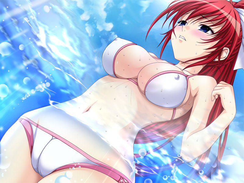 1girl bikini blue_eyes breasts cameltoe close-up covered_nipples erect_nipples in'youchuu in'youchuu_shoku in'youchuu in'youchuu_shoku large_breasts long_hair nipples ocean red_hair solo sweat swimsuit water white_bikini white_swimsuit