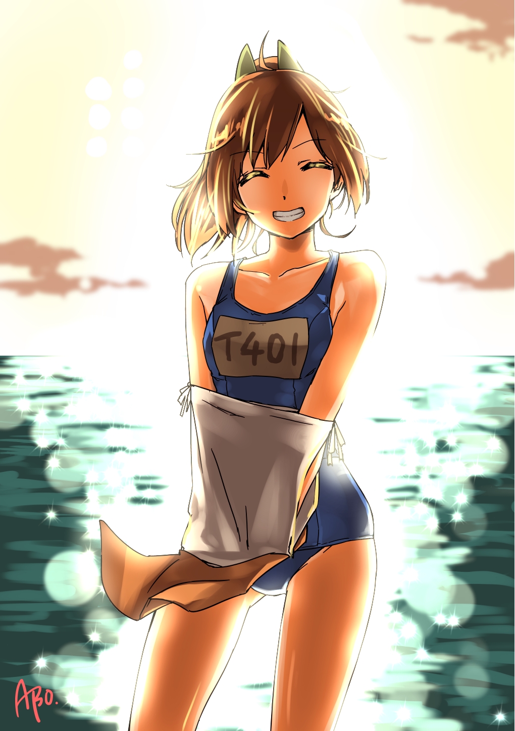 abo_(hechouchou) artist_name bare_shoulders brown_hair closed_eyes glowing highres i-401_(kantai_collection) kantai_collection one-piece_swimsuit ponytail school_swimsuit school_uniform short_hair short_ponytail sky smile solo swimsuit tan water