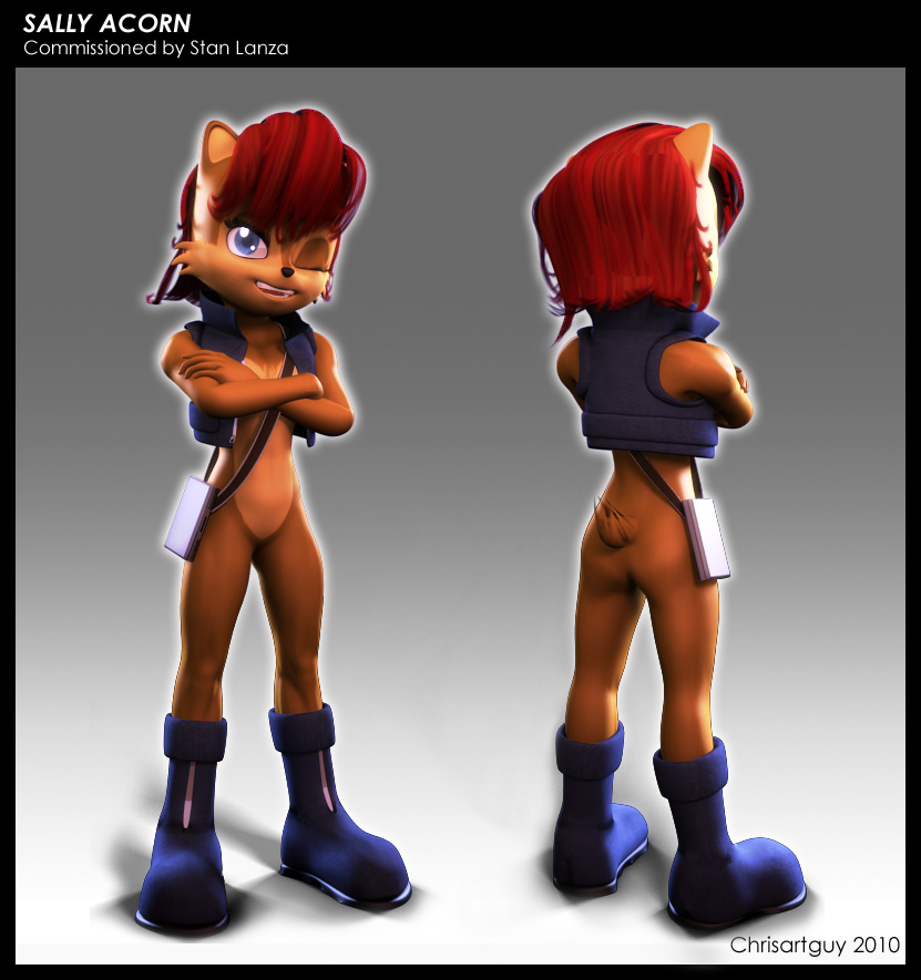 3d anthro blue_eyes bottomless chipmunk female hair looking_at_viewer mammal one-dimensional-man one_eye_closed red_hair rodent sally_acorn sega smile solo sonic_(series) wink