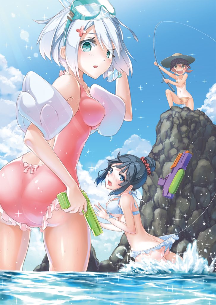 ass bikini bikini_lift black_hair blue_eyes blush_stickers breasts brown_eyes brown_hair casual_one-piece_swimsuit fishing_rod goggles goggles_on_head hair_bun hair_ornament hat hyp lifted_by_another medium_breasts multiple_girls navel ocean one-piece_swimsuit original partially_submerged scrunchie short_hair small_breasts snorkel straw_hat swimsuit tan tanline twintails underboob water water_gun white_hair
