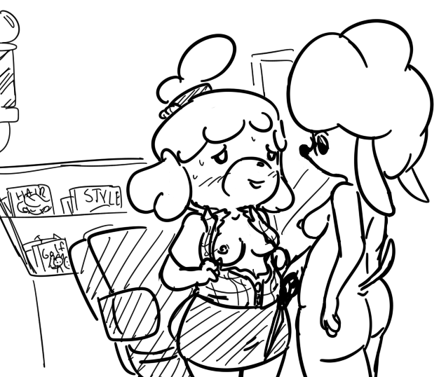 blush breasts breasts_out butt canine cooltime-fooltime dog female harriet harriet_(animal_crossing) isabelle_(animal_crossing) mammal monochrome nintendo nude poodle sweat undressing video_games