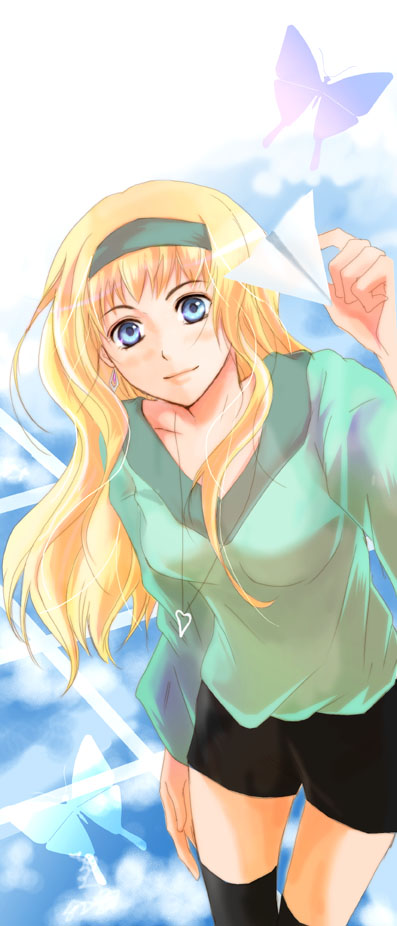 akebi_(kakuri) bad_id bad_pixiv_id black_legwear blonde_hair blue_eyes collarbone cowboy_shot hairband long_hair long_sleeves looking_at_viewer macross macross_frontier paper_airplane sheryl_nome simple_background solo standing sweater thigh_gap thighhighs white_background zettai_ryouiki