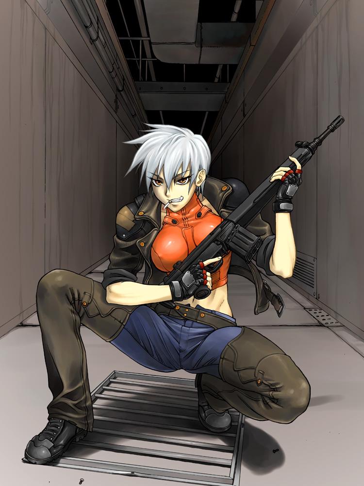 bang-you battle_rifle chaps cigarette copyright_request gloves gun h&amp;k_g3 jacket midriff rifle short_hair silver_hair solo stray_bullets weapon