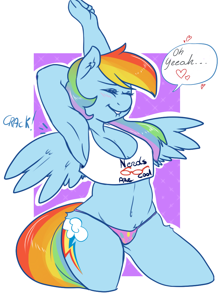 &lt;3 anthro anthrofied arnachy bite_lip biting_lip blush breasts cleavage clothed clothing cutie_mark dialog english_text equine eyes_closed female friendship_is_magic hair horse lip_bite mammal multi-colored_hair my_little_pony navel panties pegasus pony rainbow_dash_(mlp) rainbow_hair shirt skimpy solo stretching tank_top text thong underwear vest wings