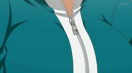 animated animated_gif blush bounce bouncing_breasts braid breasts brown_hair bursting_breasts d-frag! kazama_kenji large_breasts lowres screencap single_braid surprised takao_(d-frag!) track_jacket zipper