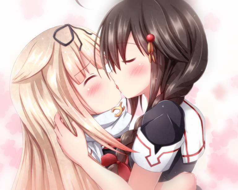 black_hair blonde_hair braid closed_eyes commentary gloves hair_flaps hair_ornament hair_ribbon hairclip kantai_collection kiss long_hair multiple_girls mumu_(mumunyan) parody remodel_(kantai_collection) ribbon sakura_trick scarf school_uniform serafuku shigure_(kantai_collection) single_braid yuri yuudachi_(kantai_collection)