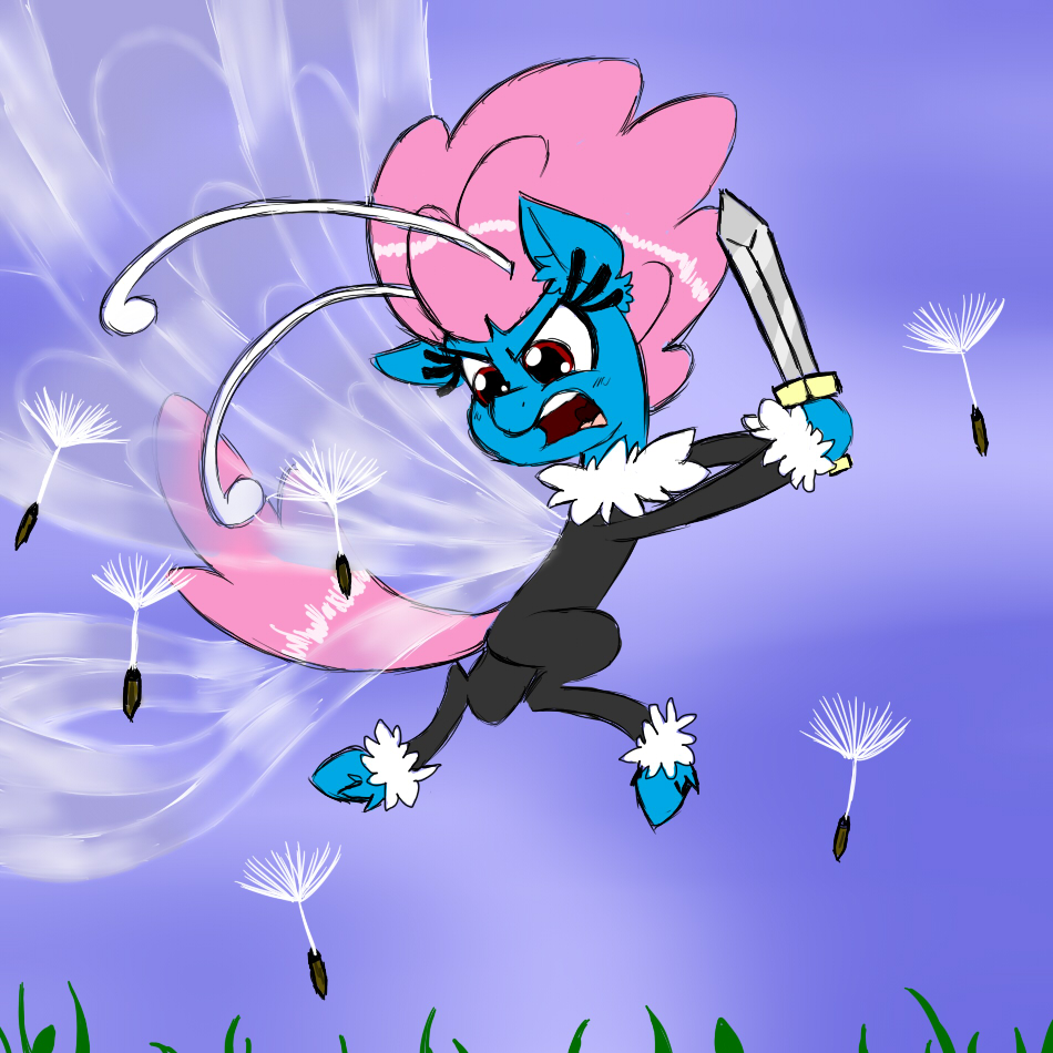 angry arthropod breezie cloud dandelion dandelions fight flying friendship_is_magic fur grass hair ichibangravity insect male my_little_pony outside pink_hair red_eyes seabreeze_(mlp) sky sword weapon wings