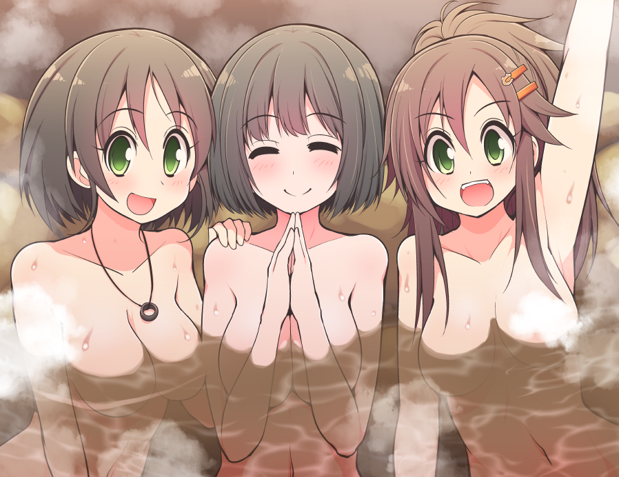 3girls :d arm_up bangs blush breasts breasts_apart brown_hair celebi_ryousangata closed_mouth comiket_95 commentary_request convenient_arm copyright_request dot_nose facing_viewer green_eyes hand_on_another's_shoulder hands_up jewelry looking_at_viewer medium_breasts multiple_girls navel necklace nude open_mouth own_hands_together sagging_breasts short_hair smile steam tareme upper_body