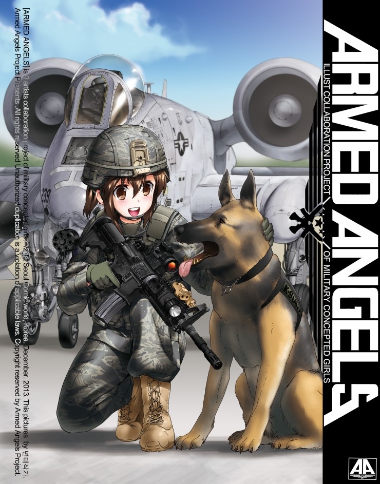 a-10_thunderbolt_ii aircraft airplane america armed_angels assault_rifle body_armor boots brown_eyes brown_hair byeontae_jagga cloud commentary dog german_shepherd gloves gun happy helmet load_bearing_vest long_hair m4_carbine military military_operator military_uniform original plate_carrier ponytail rifle sky smile soldier solo trigger_discipline uniform weapon