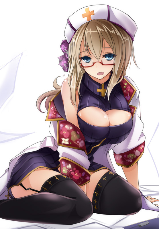 blue_eyes breasts brown_hair cleavage cleavage_cutout cross garter_straps glasses hat large_breasts long_hair looking_at_viewer luis_almeida_(sengoku_bushouki_muramasa) mutou_kurihito open_mouth sengoku_bushouki_muramasa simple_background solo thighhighs