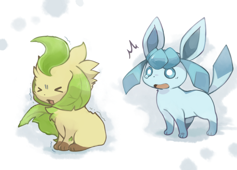 &gt;_&lt; 2015 duo eeveelution glaceon kanannbo leafeon nintendo open_mouth pok&eacute;mon pok&eacute;mon_(species) simple_background tears video_games