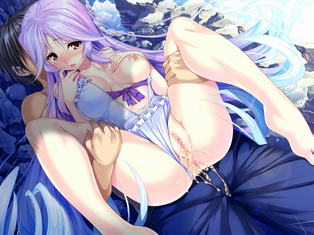 1boy 1girl anus aozora_stripe assisted_peeing barefoot black_hair blue_swimsuit blush breast_slip breasts brown_eyes censored collarbone game_cg girl_on_top holding long_hair mizutani_sumire nipples one_breast_out open_mouth peeing piromizu purple_hair pussy rock short_hair spread_legs swim_trunks swimsuit very_long_hair