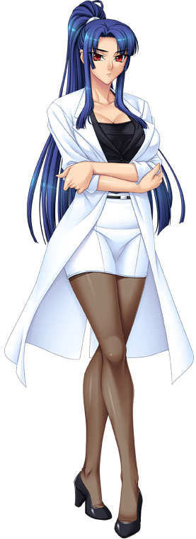 1girl belt blue_hair breasts brown_legwear cleavage collarbone crossed_arms dress_shirt female full_body high_heels kagami kagami_hirotaka labcoat large_breasts legs legs_crossed lilith-soft long_hair looking_at_viewer pantyhose ponytail red_eyes shiny shiny_clothes shiny_skin shirt shoes simple_background skirt solo standing taimanin_asagi taimanin_asagi_3 taimanin_murasaki thighs transparent_background yatsu_murasaki