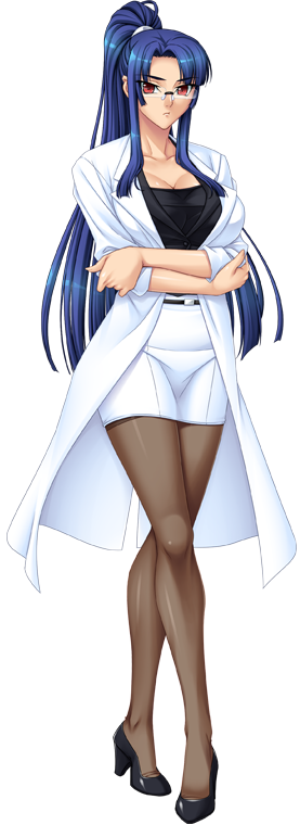 1girl belt bespectacled blue_hair breasts brown_legwear cleavage collarbone crossed_arms dress_shirt female full_body glasses high_heels kagami kagami_hirotaka labcoat large_breasts legs legs_crossed lilith-soft long_hair looking_at_viewer pantyhose ponytail red_eyes shiny shiny_clothes shiny_skin shirt shoes simple_background skirt solo standing taimanin_asagi taimanin_asagi_3 taimanin_murasaki thighs transparent_background yatsu_murasaki