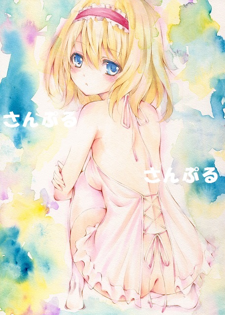 acrylic_paint_(medium) alice_margatroid ass bad_id bad_pixiv_id blonde_hair blue_eyes blush chemise hairband kurousakun looking_at_viewer looking_back sample short_hair solo thighhighs touhou traditional_media