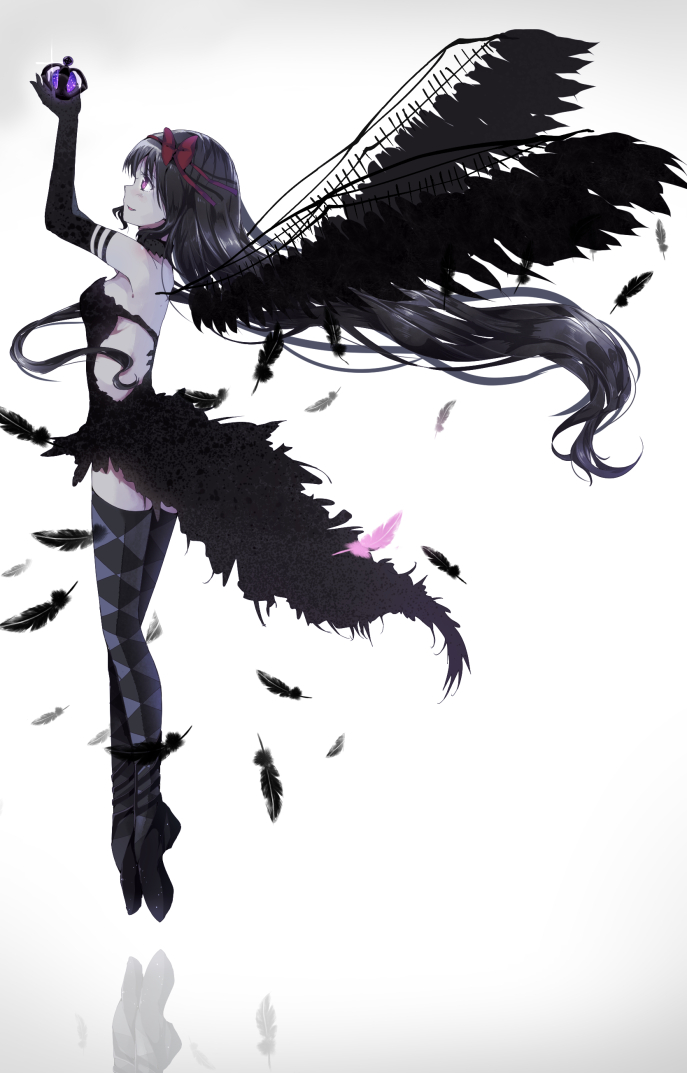 akemi_homura akuma_homura argyle argyle_legwear black_gloves black_hair bow dark_orb_(madoka_magica) elbow_gloves feathers gloves hair_bow hair_ribbon long_hair mahou_shoujo_madoka_magica mahou_shoujo_madoka_magica_movie reflection ribbon shiramori_sawa simple_background solo soul_gem spoilers thighhighs very_long_hair wings zettai_ryouiki