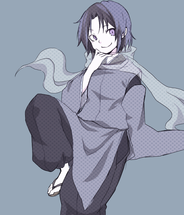 blue_background full_body grey_background hakama japanese_clothes looking_at_viewer miyako_yoshika miyako_yoshika_(living) purple_eyes purple_hair sandals scarf short_hair siroooo sitting smile solo touhou