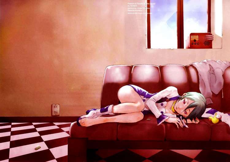 1girl couch eureka eureka_7 eureka_seven eureka_seven_(series) green_hair laying_down lying outlet radio red_eyes sad sepia solo toy