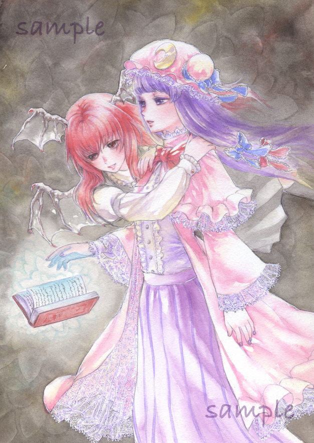 bad_id bad_pixiv_id bangs blunt_bangs book bow bowtie capelet cloak demon_wings dress embellished_costume floating floating_object grey_background hair_ribbon hat hat_ribbon head_wings hug koakuma long_hair multiple_girls nail_polish open_book open_mouth parted_lips patchouli_knowledge purple_eyes purple_hair red_eyes red_hair ribbon sample see-through sitting striped striped_dress touhou traditional_media tress_ribbon vertical_stripes wacolor watercolor_(medium) wide_sleeves wind wings