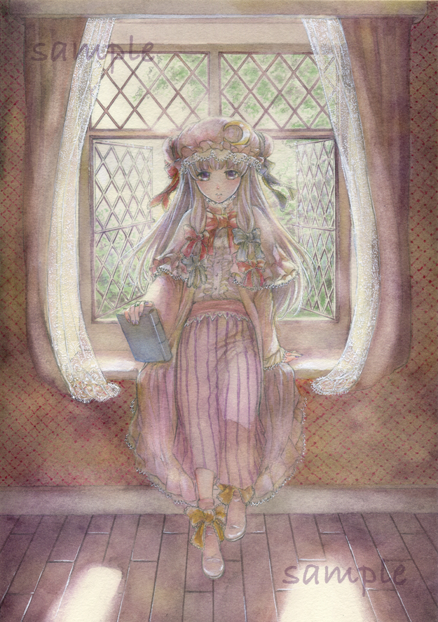 arm_support bad_id bad_pixiv_id book bow bowtie capelet curtains dress full_body hair_ribbon hat holding light long_hair looking_at_viewer open_window patchouli_knowledge pink_footwear purple_eyes purple_hair ribbon sample see-through shoes solo standing striped striped_dress touhou traditional_media tress_ribbon vertical_stripes wacolor watercolor_(medium) window