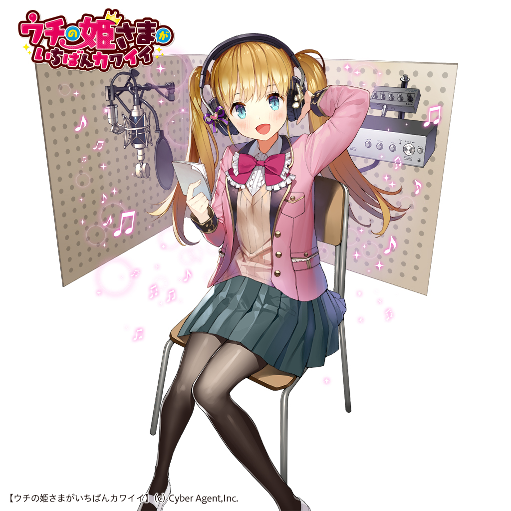 1girl :d arm_up bangs beamed_eighth_notes beamed_sixteenth_notes black_legwear blazer blonde_hair blue_eyes blue_skirt blush bow bowtie buttons chair collared_shirt folding_chair frilled_neckwear hand_up headphones heart holding jacket long_hair long_sleeves looking_at_viewer mary_janes matsui_hiroaki microphone miniskirt musical_note official_art open_clothes open_jacket open_mouth pantyhose paper pink_jacket pleated_skirt purple_ribbon red_neckwear ribbed_sweater ribbon sheria_harps shirt shoes sitting skirt smile solo sweater twintails uchi_no_hime-sama_ga_ichiban_kawaii undershirt white_footwear white_shirt wing_collar