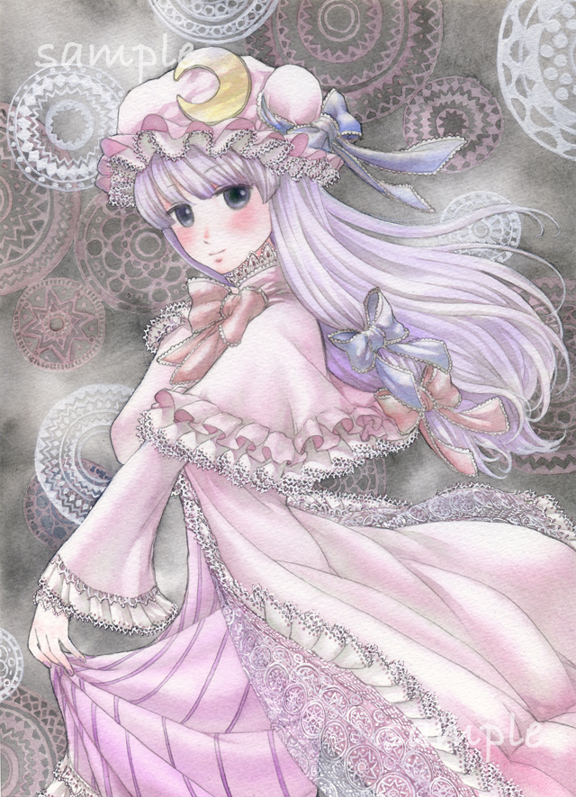 blush bow bowtie capelet circle cloak clothes_grab crescent dress embellished_costume floating_hair frills grey_background hat light_smile long_hair nail_polish patchouli_knowledge purple_eyes purple_hair sample solo striped striped_dress touhou vertical_stripes wacolor wide_sleeves