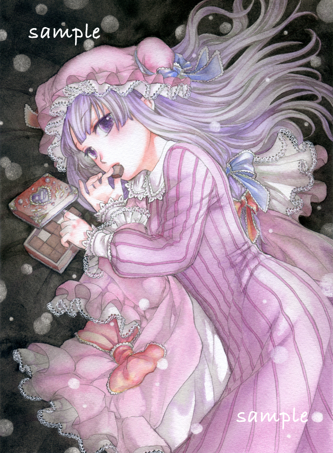 bad_id bad_pixiv_id bangs blunt_bangs bow chocolate cloak dress eating embellished_costume frilled_dress frills gem hair_ribbon heart lace long_hair looking_at_viewer lying patchouli_knowledge purple_dress purple_eyes purple_hair ribbon sample solo striped striped_dress touhou traditional_media tress_ribbon vertical_stripes wacolor watercolor_(medium)