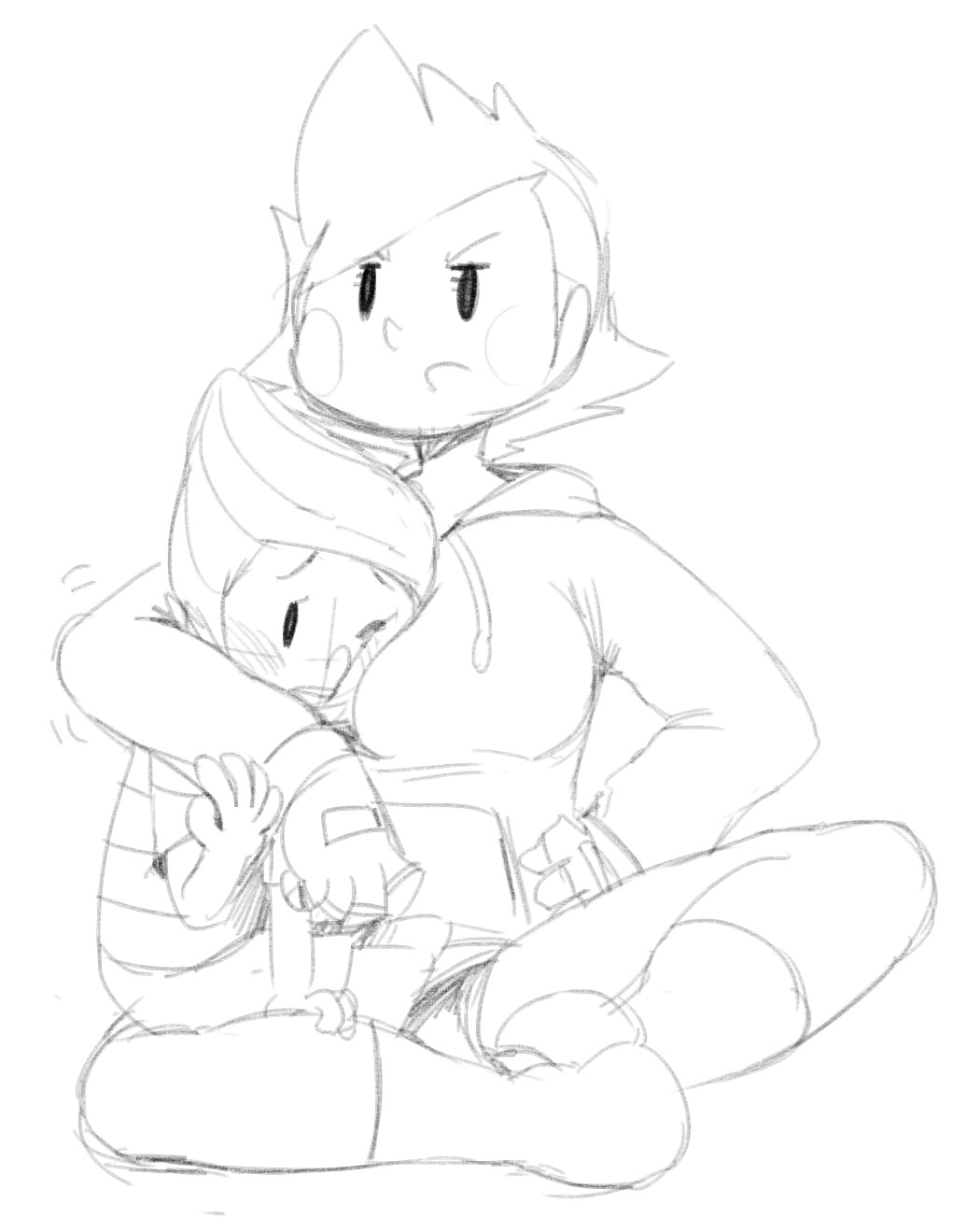 1girl breast_smother greyscale highres hood hoodie kumatora lucas monochrome mother_(game) mother_3 sitting sitting_on_lap sitting_on_person sketch sunibee