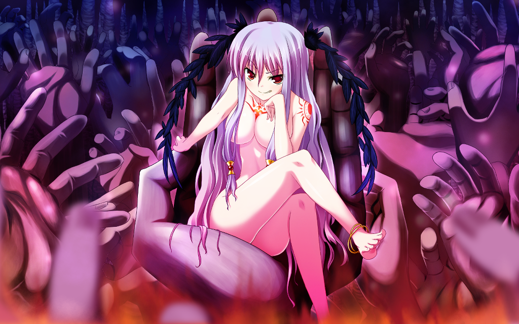 1girl barefoot character_request collarbone female game_cg hair_ornament leaf leaves long_hair looking_at_viewer marginal_skip nude pink_hair red_eyes solo straight_hair tattoo